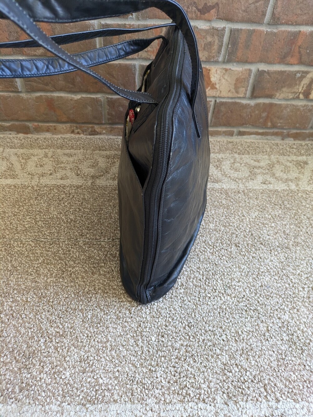 Latico Black Leather Tote Bag Floral Lining Shoulder Purse Laptop Case Briefcase - Picture 3 of 8